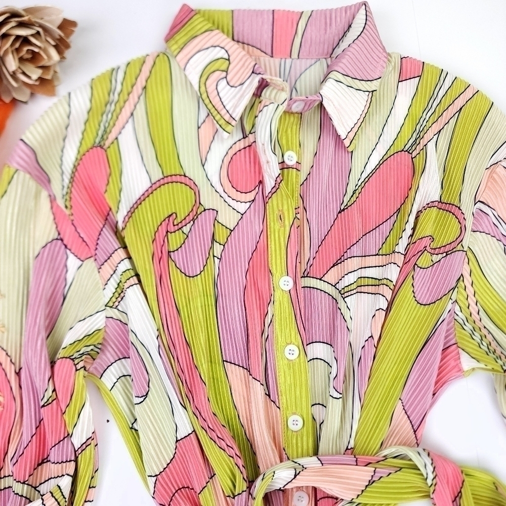 Multicolored Tunic Buttoned Down Belted Dress Sz M - image 8